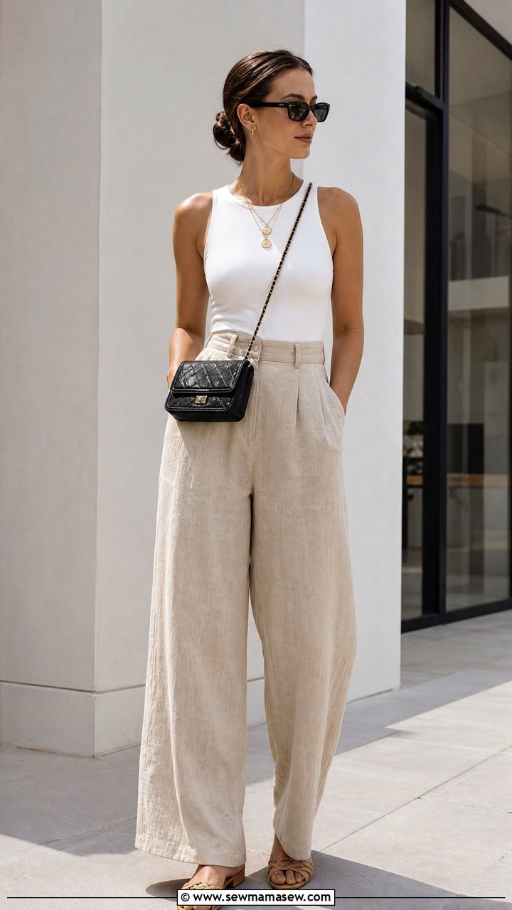 Linen Pants And Bodysuit With Quilted Crossbody Bag - 30 Summer outfits with crossbody bags