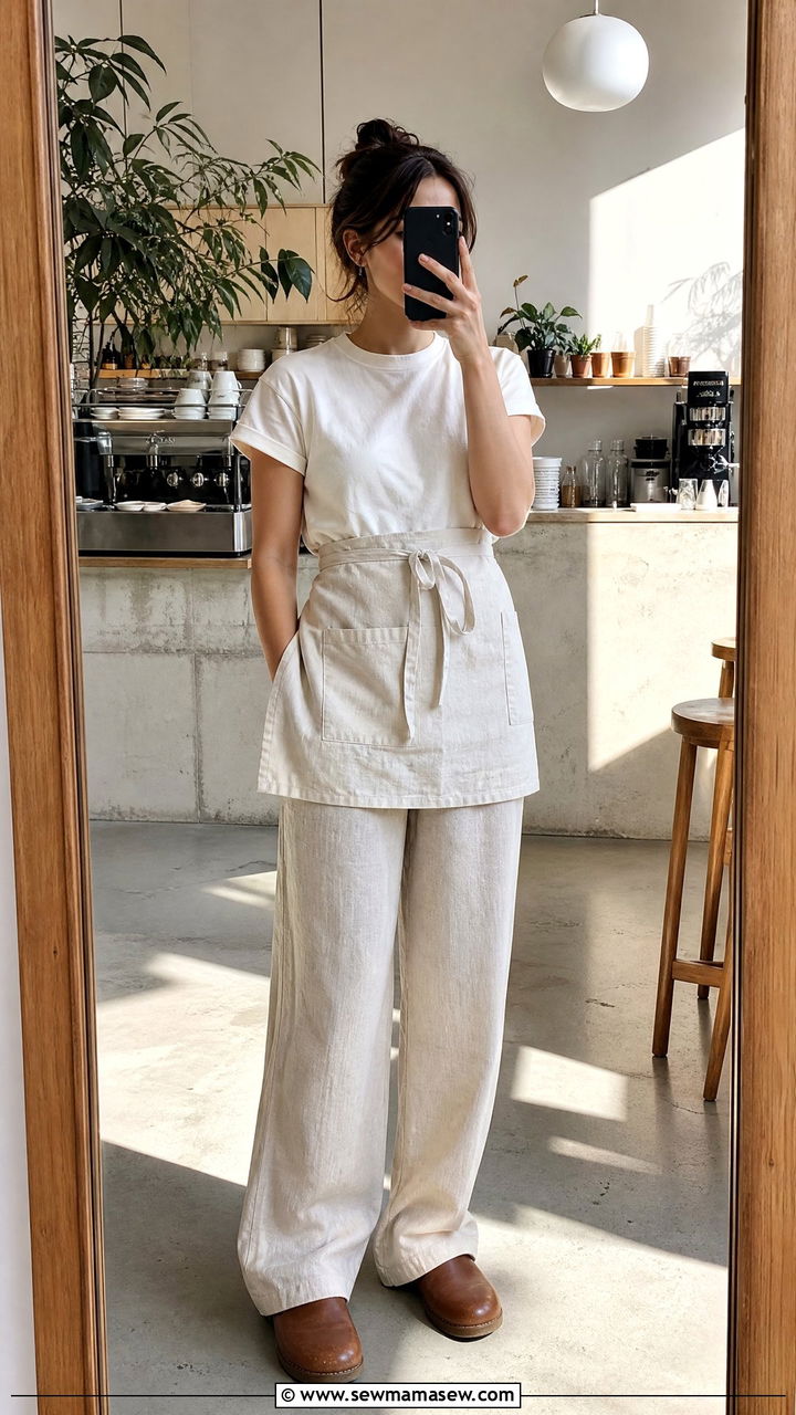Linen Pants And Crewneck Tee With Clog Sandals - 30 Summer outfit ideas for barista