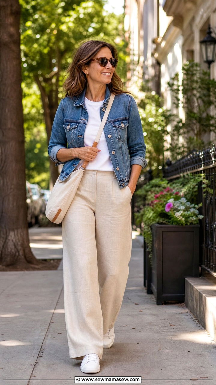 Linen Pants And Denim Jacket Weekend Outfit - 30 linen pants outfits for women over 40
