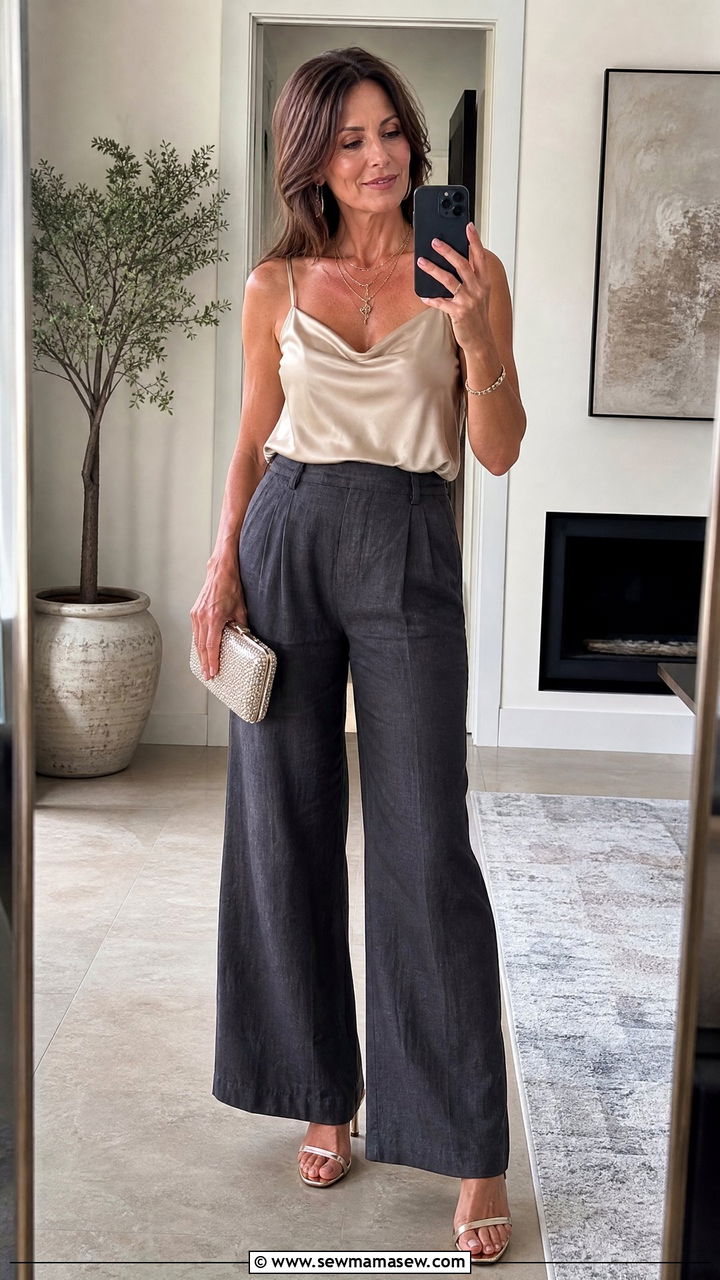 Linen Pants And Silk Camisole Evening Outfit - 30 linen pants outfits for women over 40