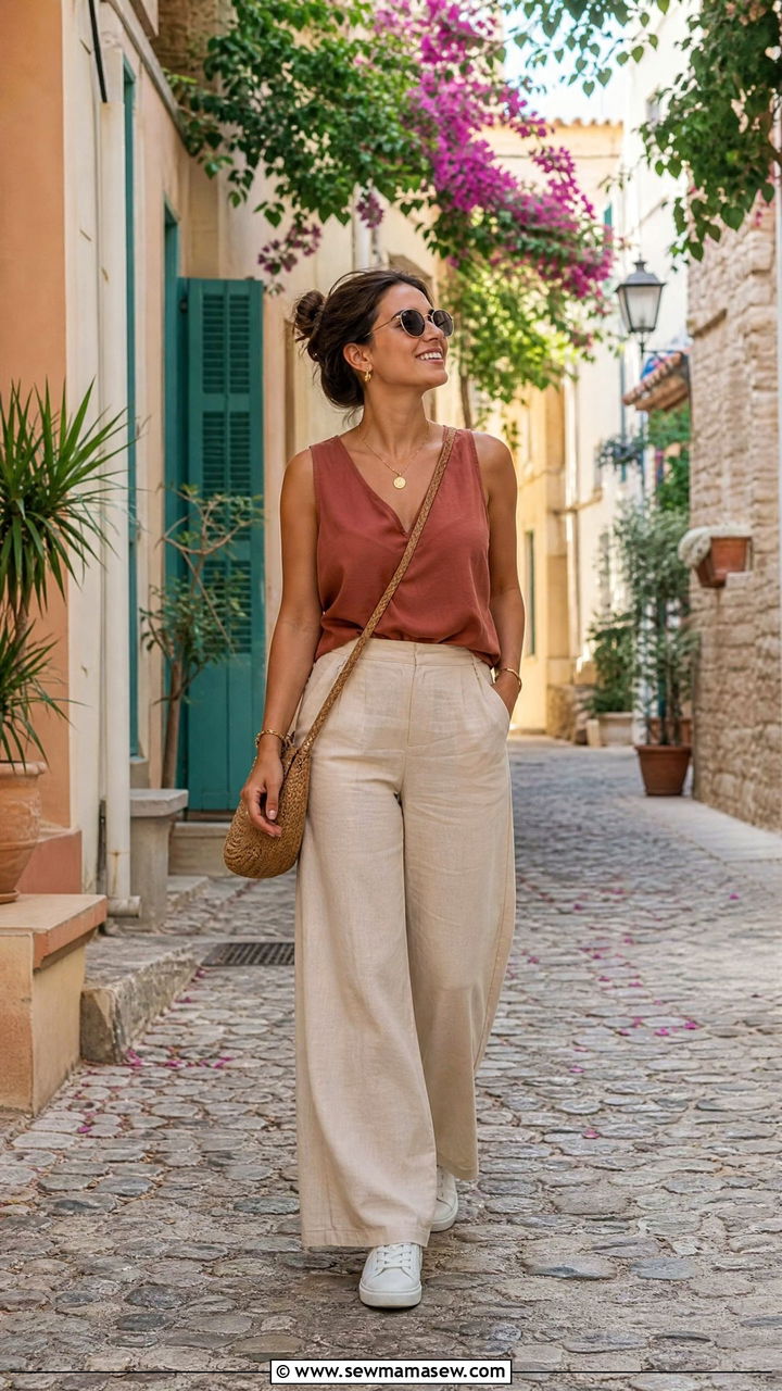 Linen Pants And Sleeveless Blouse Cruise Excursion Outfit - 35 Mediterranean cruise outfit ideas