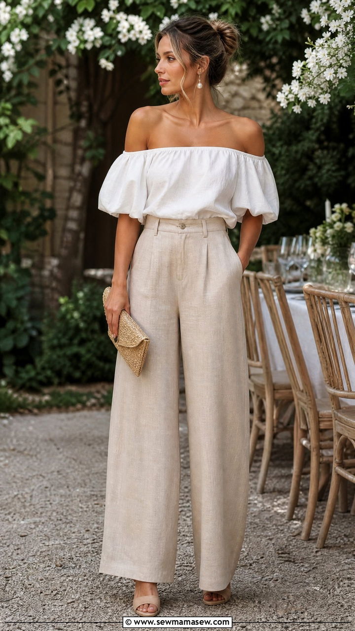 Linen Pants Off Shoulder Top - 25 chic linen pants outfit ideas