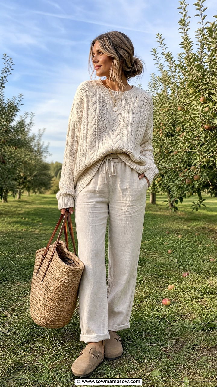 Linen Pants Outfit With Chunky Knit Sweater - 25 linen pants outfits inspo