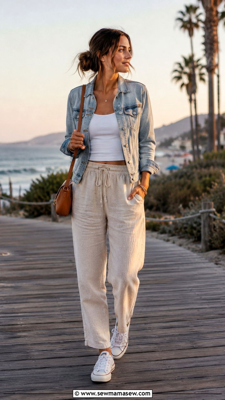 Linen Pants Outfit With Denim Jacket And Sneakers - 30 Linen pants outfit ideas for summer