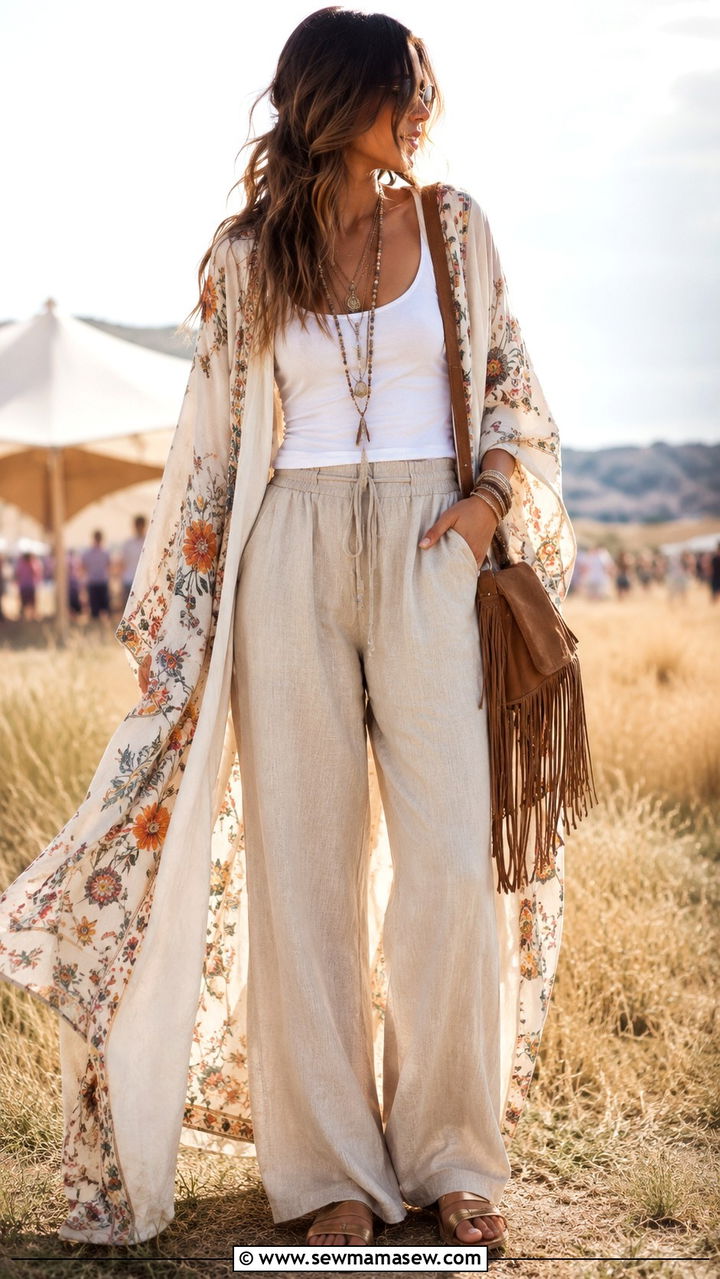 Linen Pants Outfit With Kimono And Flat Sandals - 30 Linen pants outfit ideas for summer