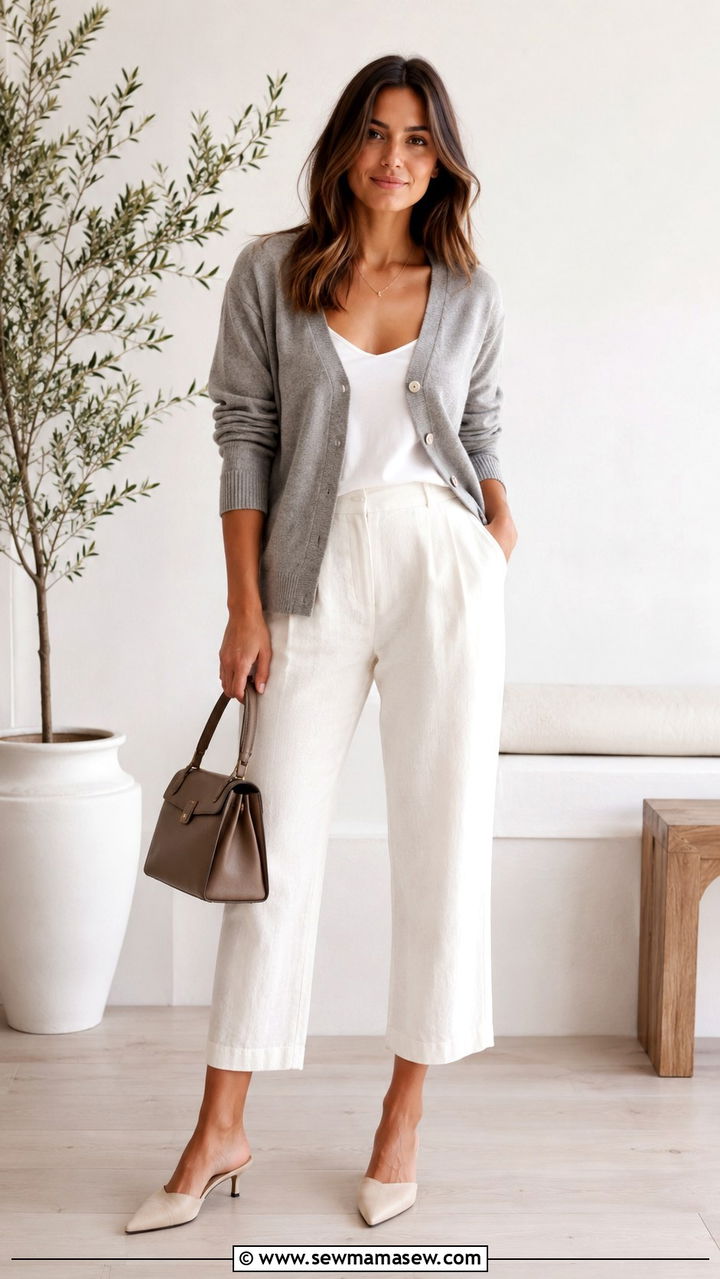 Linen Pants Outfit With Lightweight Cardigan And Mules - 30 Linen pants outfit ideas for summer