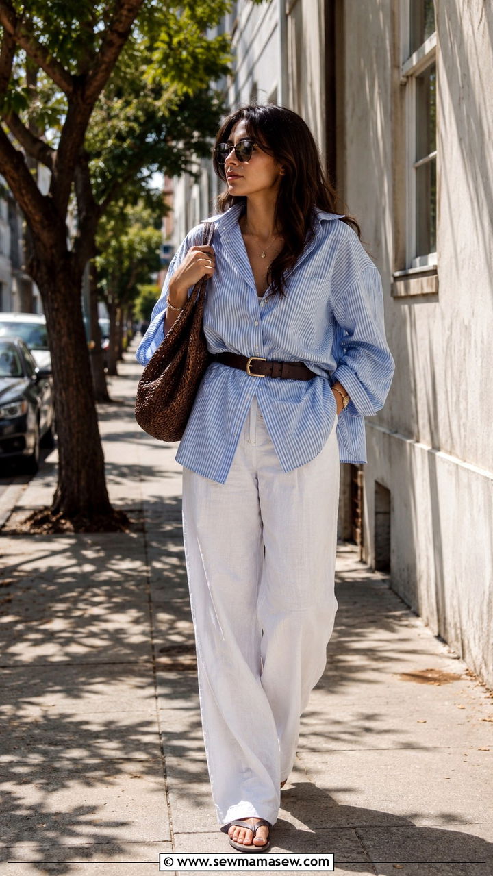 Linen Pants Outfit With Oversized Button Down And Belt - 30 Linen pants outfit ideas for summer
