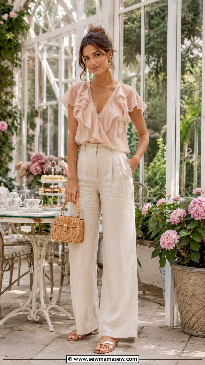 Linen Pants Outfit With Ruffle Blouse And Flat Sandals - 30 Linen pants outfit ideas for summer