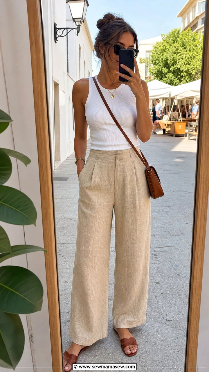 Linen Pants Outfit With Tank Top and Sandals - 25 linen pants outfits inspo