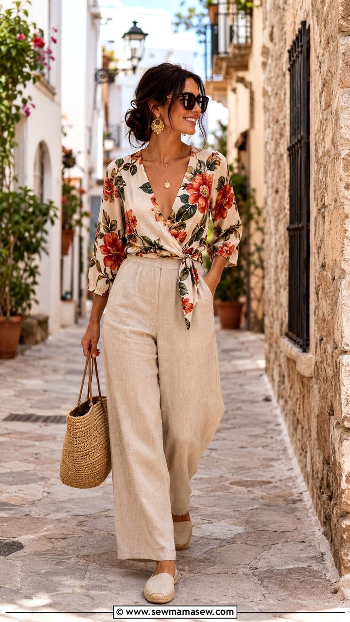 Linen Pants Outfit With Wrap Top And Espadrilles - 30 Linen pants outfit ideas for summer