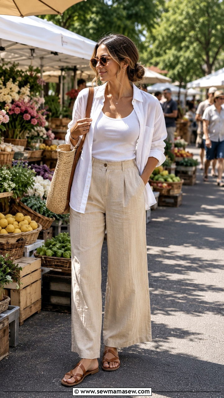 Linen Pants Outfit with Flat Sandals - 20 spring outfits with flat sandals