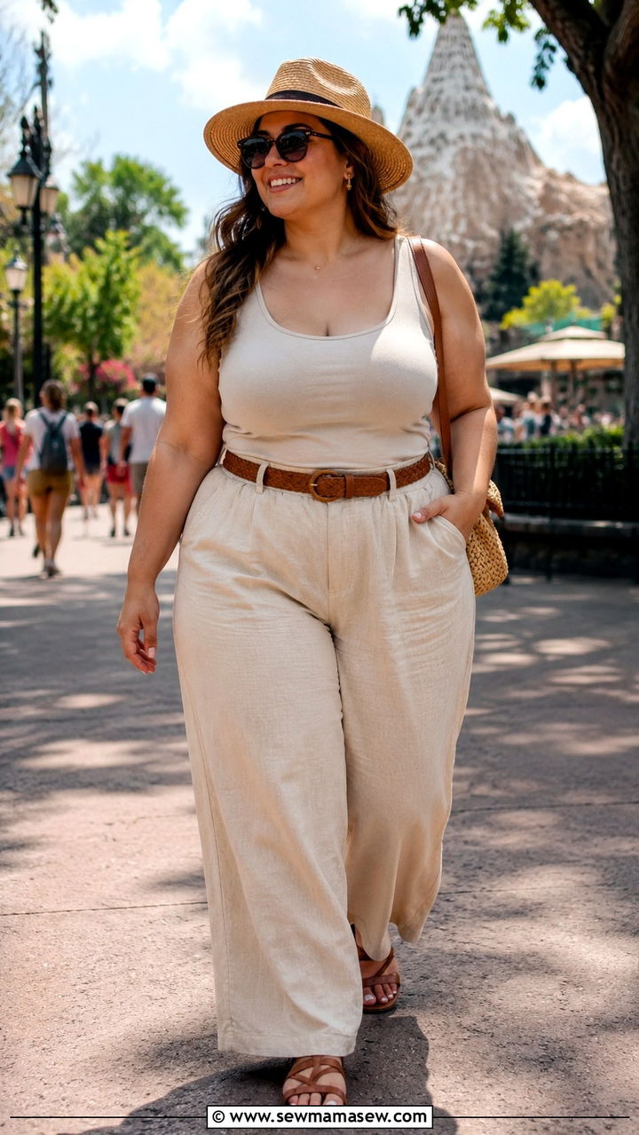 Linen Pants Simple Tank Top and a Straw Sun Hat - 30 Plus size theme park outfit ideas