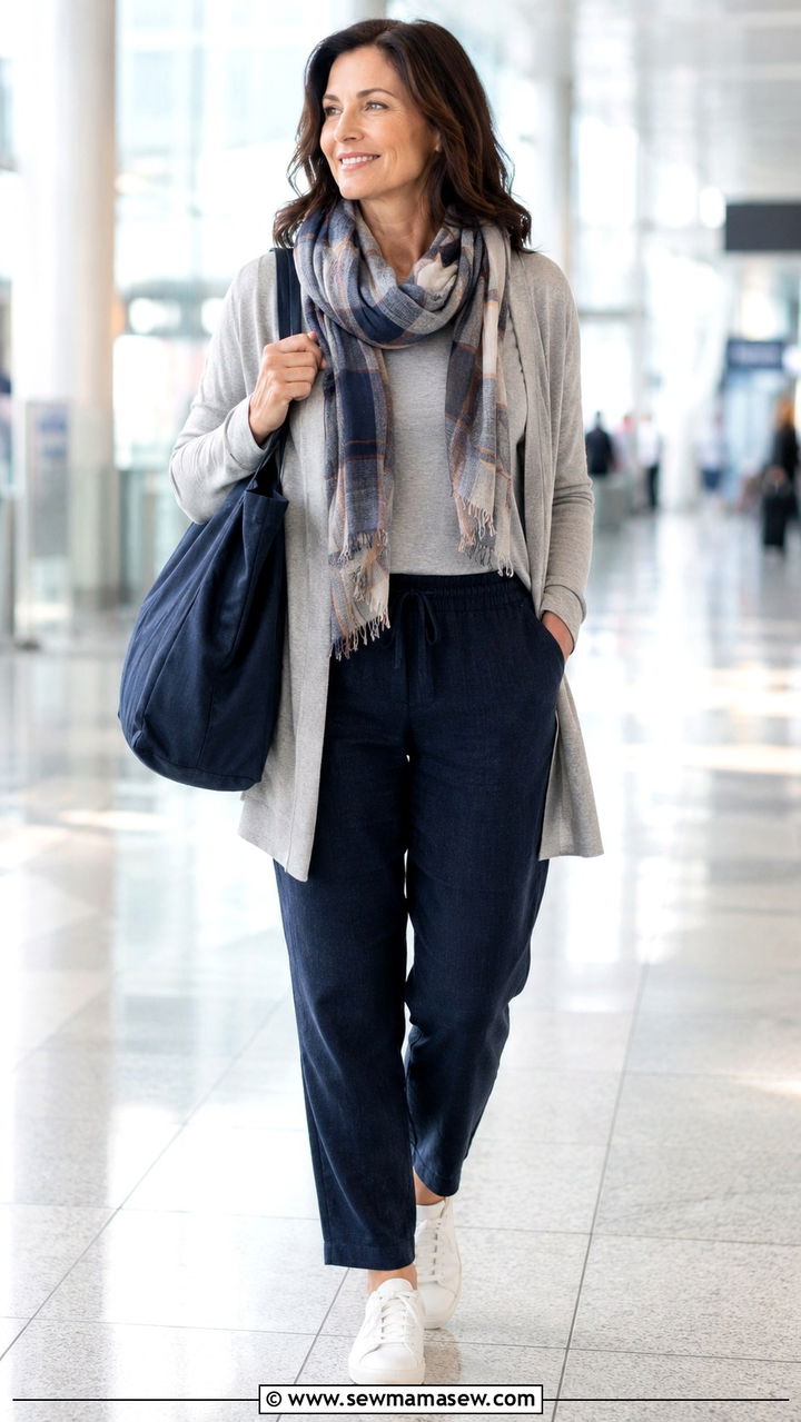 Linen Pants Travel Outfit With Sneakers - 30 linen pants outfits for women over 40