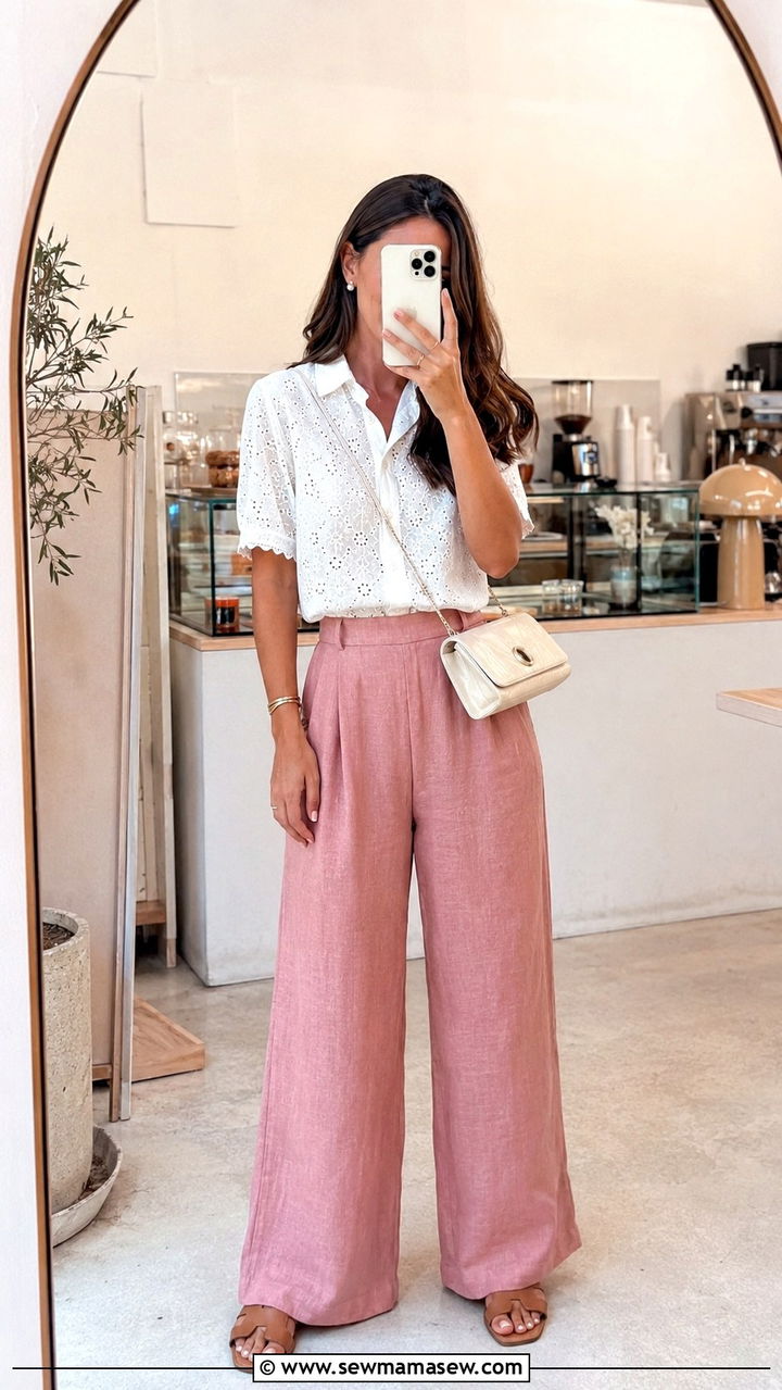 Linen Pants With Belted Blazer And Pointed Toe Pumps - 30 spring linen pants outfit ideas