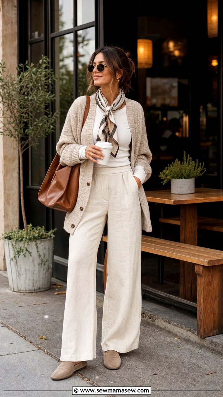 Linen Pants With Cardigan For Cooler Days - 25 classy linen pants outfits