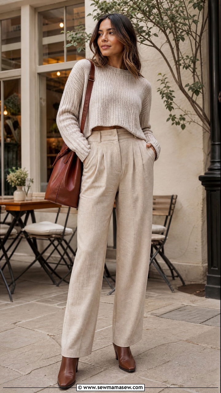 Linen Pants With Cropped Knit Sweater And Ankle Boots - 35 linen pants outfit ideas