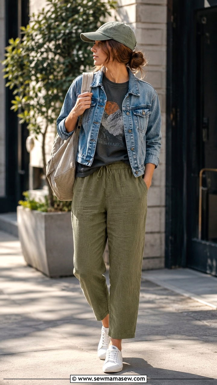 Linen Pants With Denim Jacket And Graphic Tee - 30 spring linen pants outfit ideas