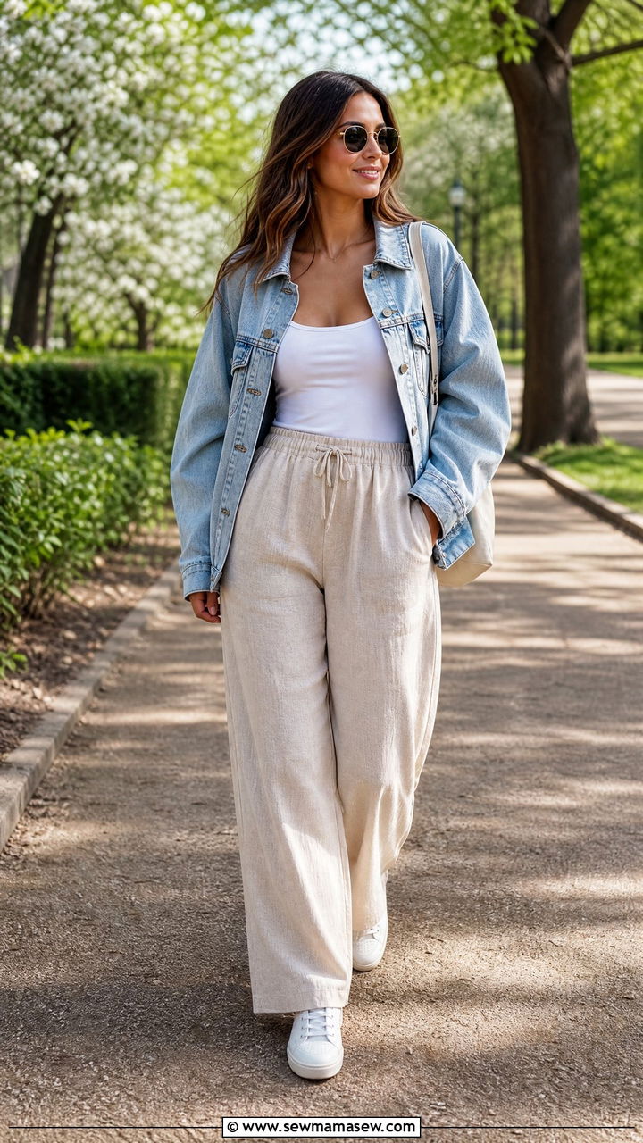 Linen Pants With Denim Jacket And White Sneakers - 35 linen pants outfit ideas