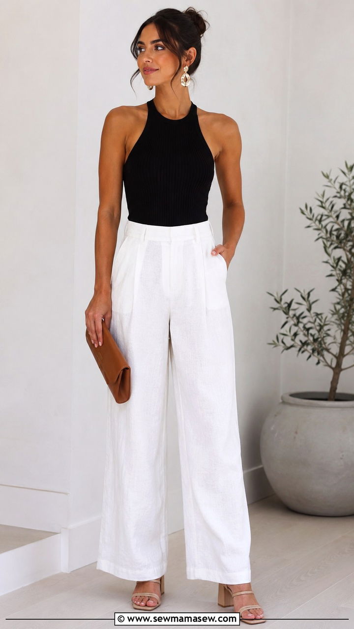Linen Pants With Halter Neck Top And Strappy Block Heel Sandals - 30 spring linen pants outfit ideas