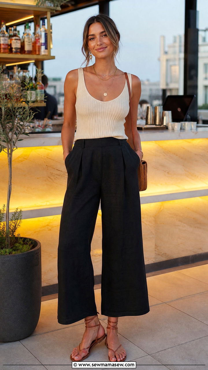 Linen Pants With Knit Tank And Gold Jewelry - 35 linen pants outfit ideas