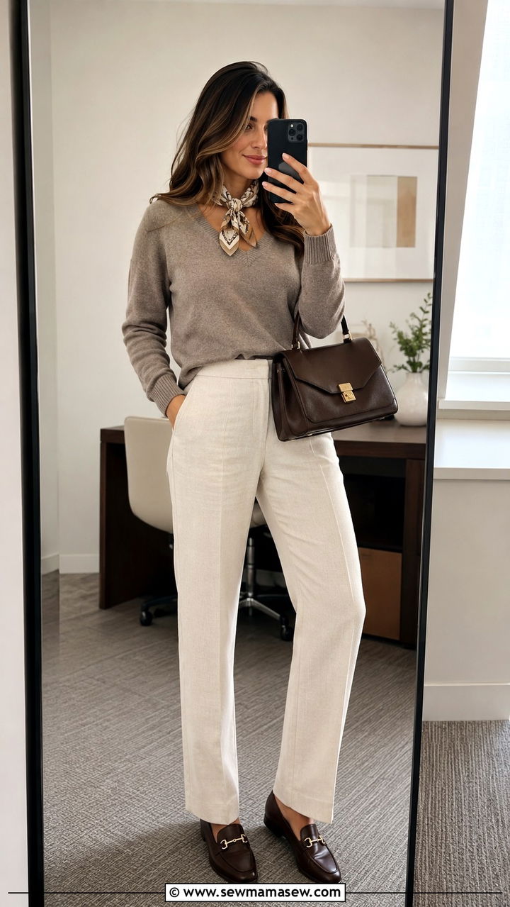 Linen Pants With Lightweight Cashmere Sweater And Leather Loafers - 30 spring linen pants outfit ideas