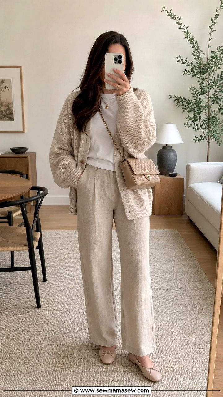 Linen Pants With Oversized Cardigan And Ballet Flats - 30 spring linen pants outfit ideas