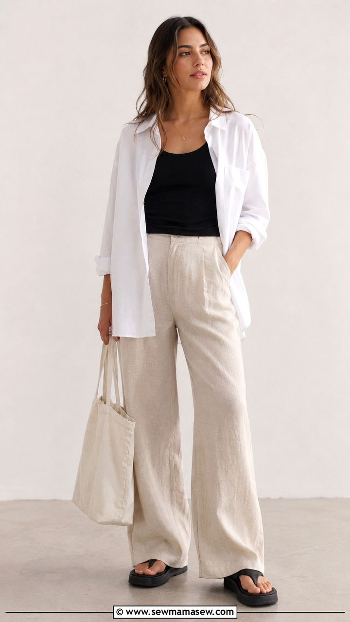 Linen Pants With Oversized Poplin Shirt Worn Open Over A Tank - 30 spring linen pants outfit ideas