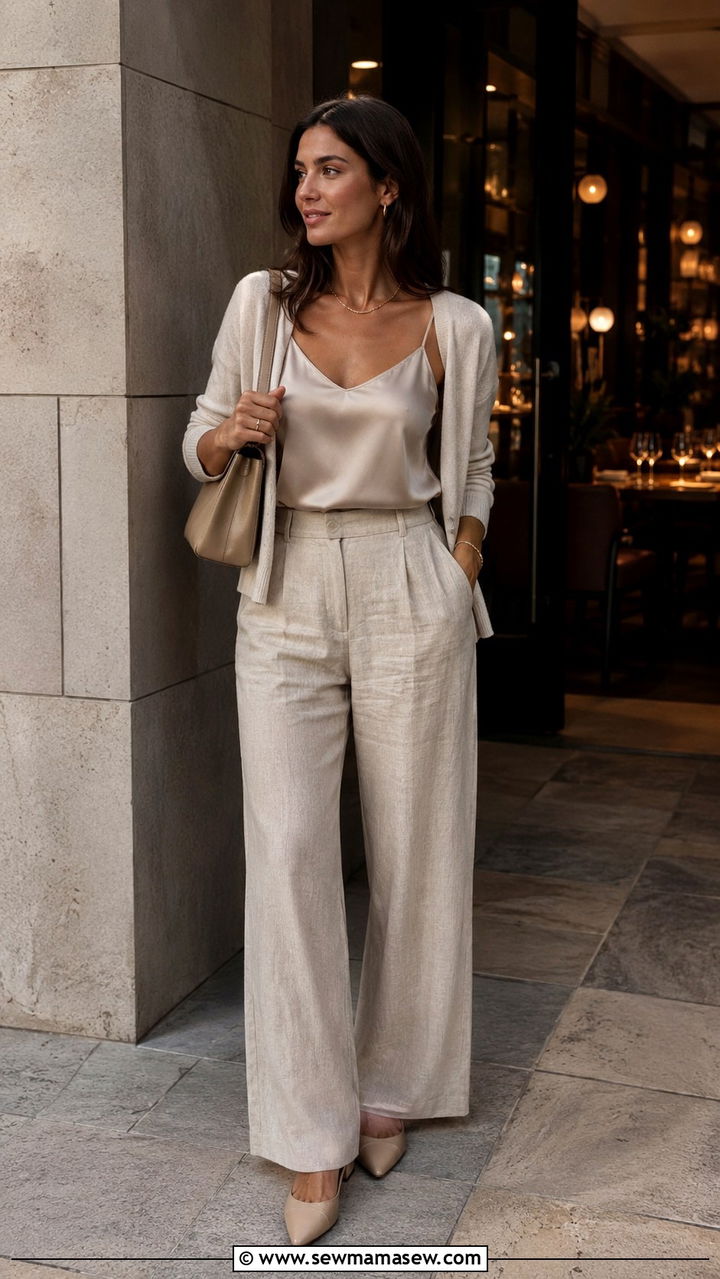 Linen Pants With Silk Camisole And Cardigan - 20 linen pants outfits 2026