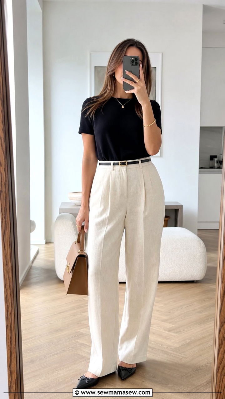 Linen Pants With Structured Handbag And Belt - 25 classy linen pants outfits