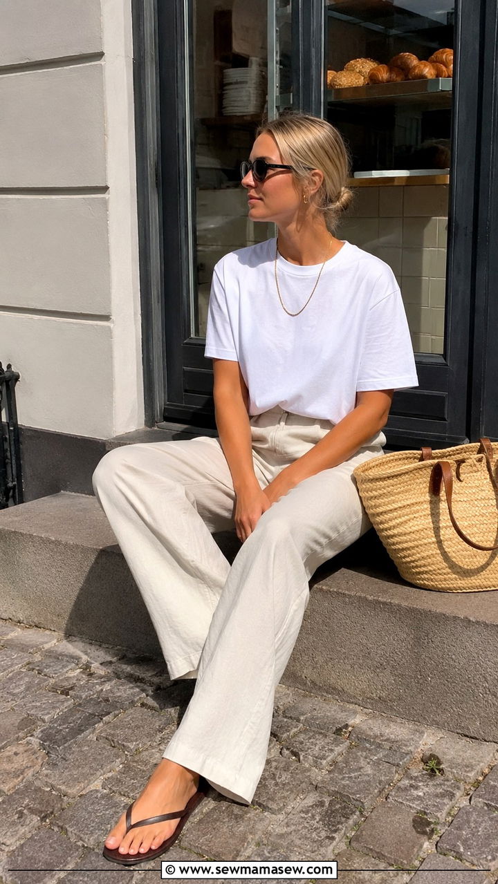 Linen Pants With White Tee And Flip Flops For Fika - 30 Danish outfit ideas
