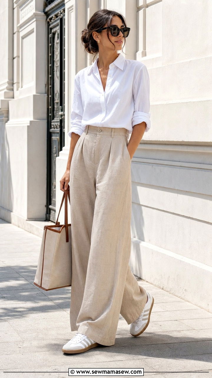 Linen Pants and Button Down Shirt with White Adidas Sambas - 25 summer outfits with adidas sambas