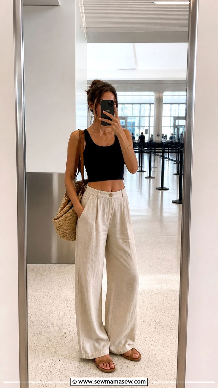 Linen Pants and Cropped Tank Outfit - 40 Summer airport outfits