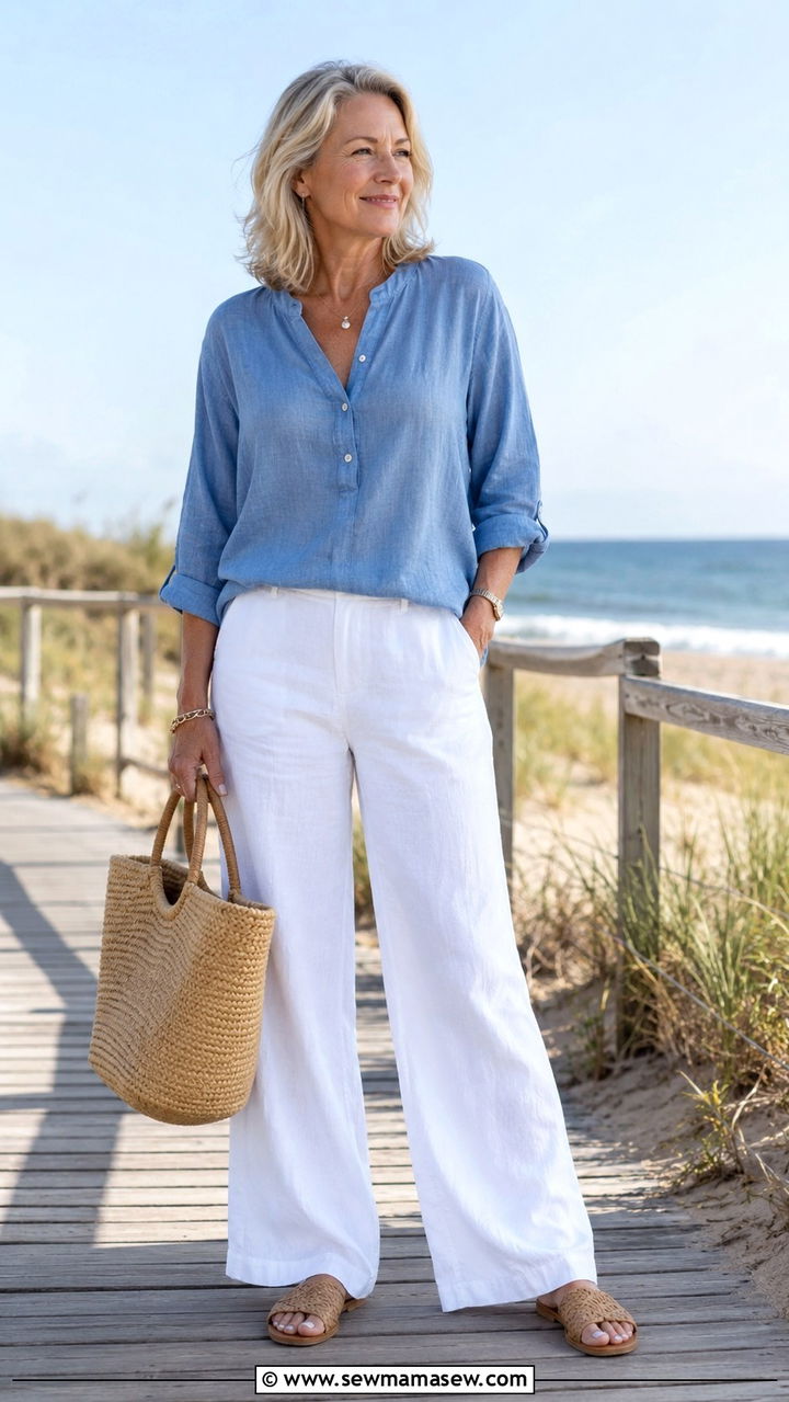Linen Pants and Flowy Blouse Outfit - 30 Trendy outfit ideas for women over 50