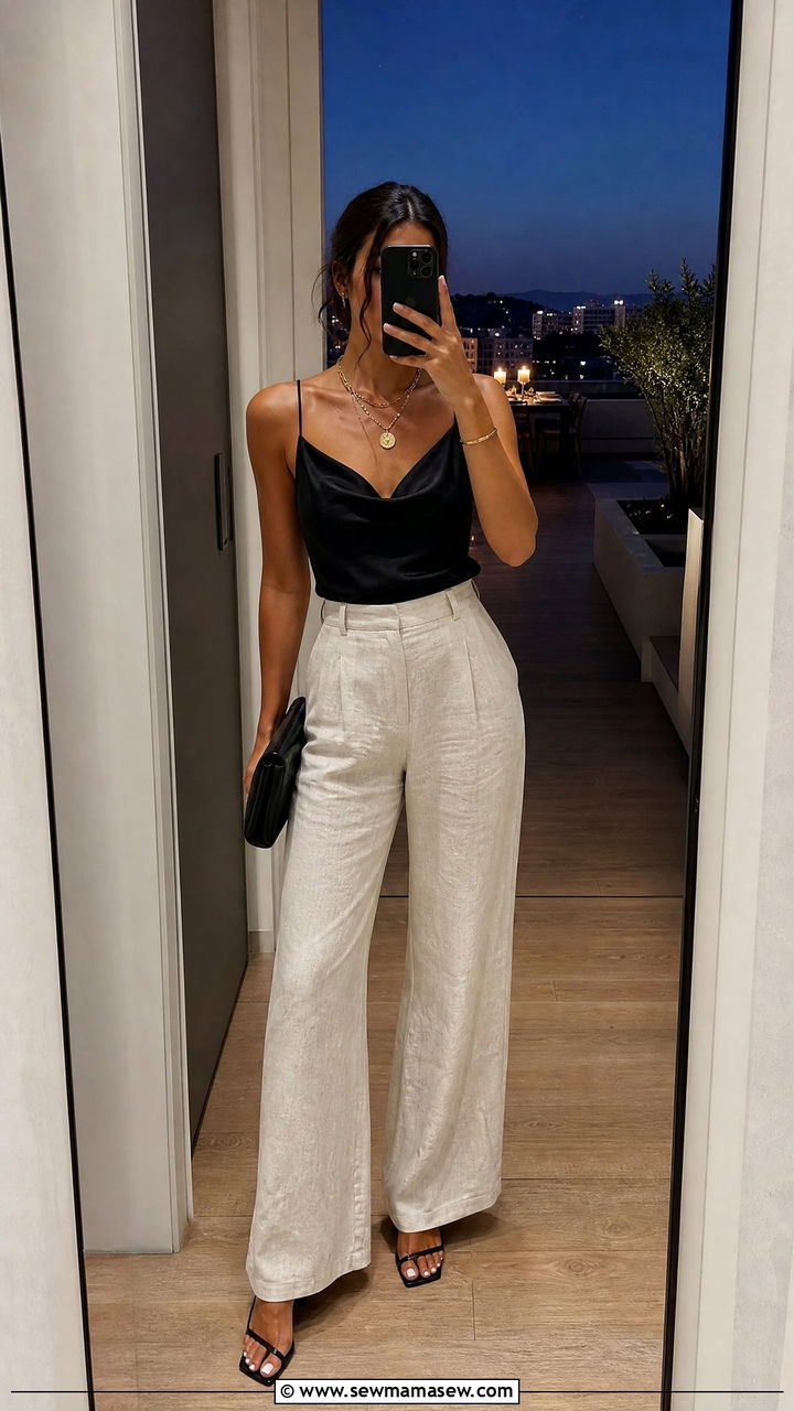 Linen Pants and Silk Camisole - 25 chic linen pants outfit ideas