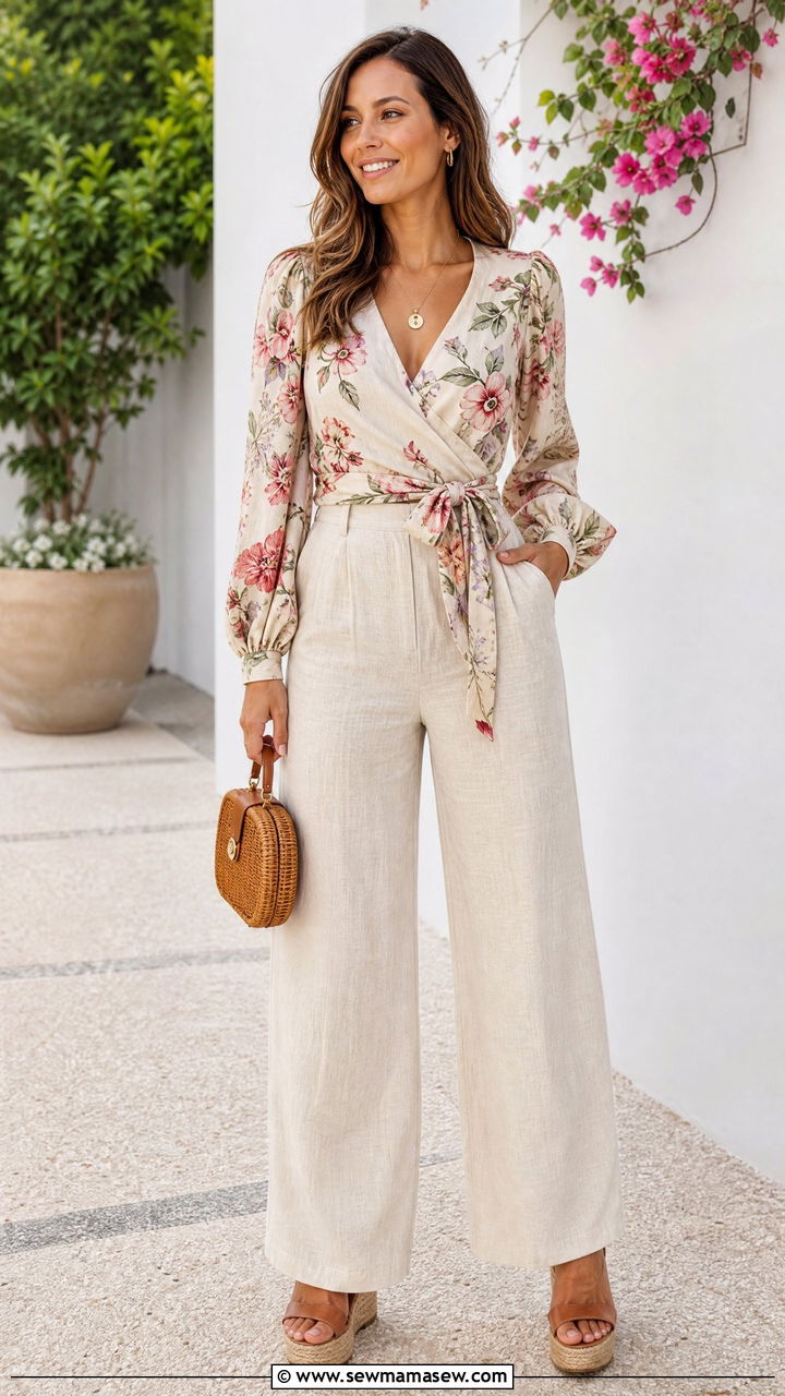 Linen Pants and Wrap Top - 25 chic linen pants outfit ideas