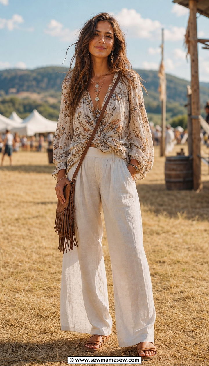 Linen Pants with Boho Blouse - 25 summer linen pants outfit ideas