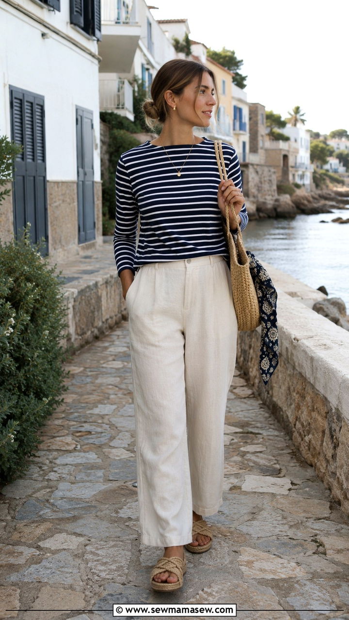 Linen Pants with Breton Stripe Top and Espadrille Sandals - 30 Linen pants outfit ideas with sandals