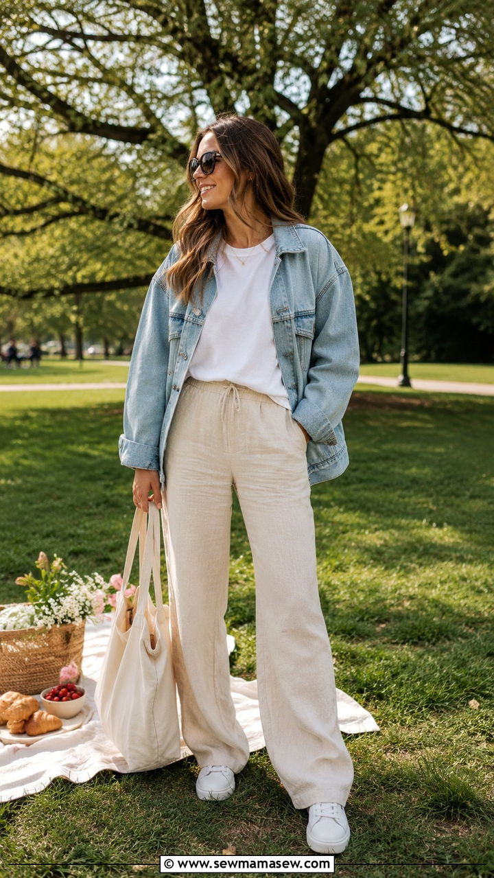 Linen Pants with Denim Jacket - 30 how to style linen pants outfits