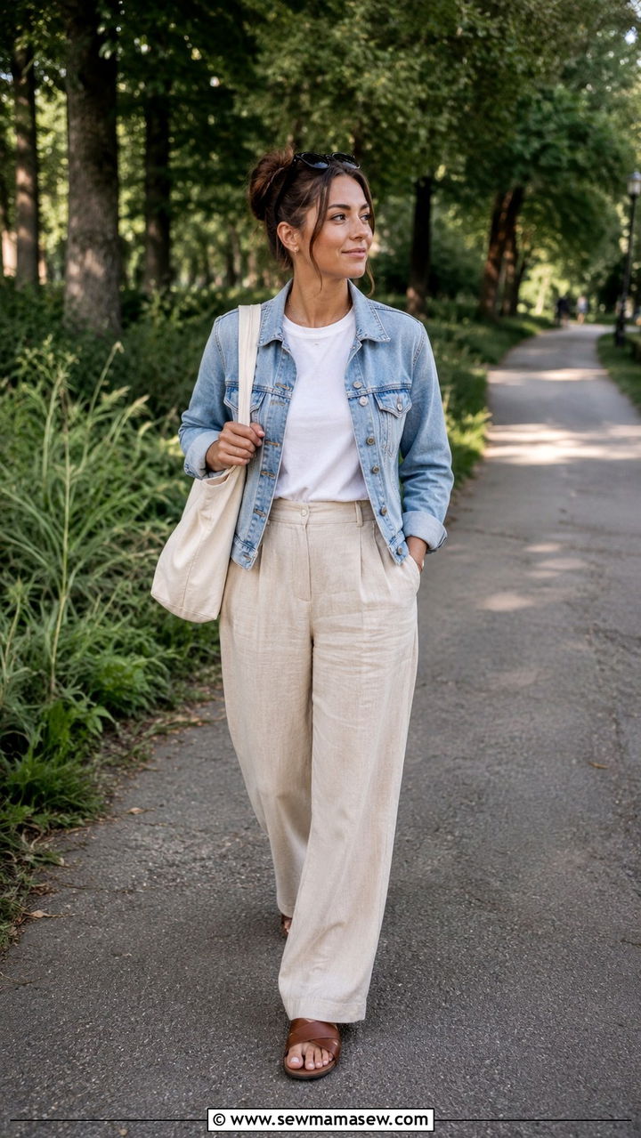 Linen Pants with Denim Jacket and Sandals - 30 Linen pants outfit ideas with sandals