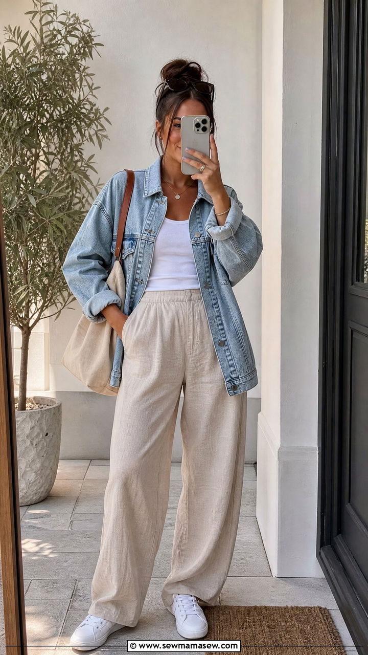 Linen Pants with Denim Jacket and Sneakers - 35 linen pants outfits ideas