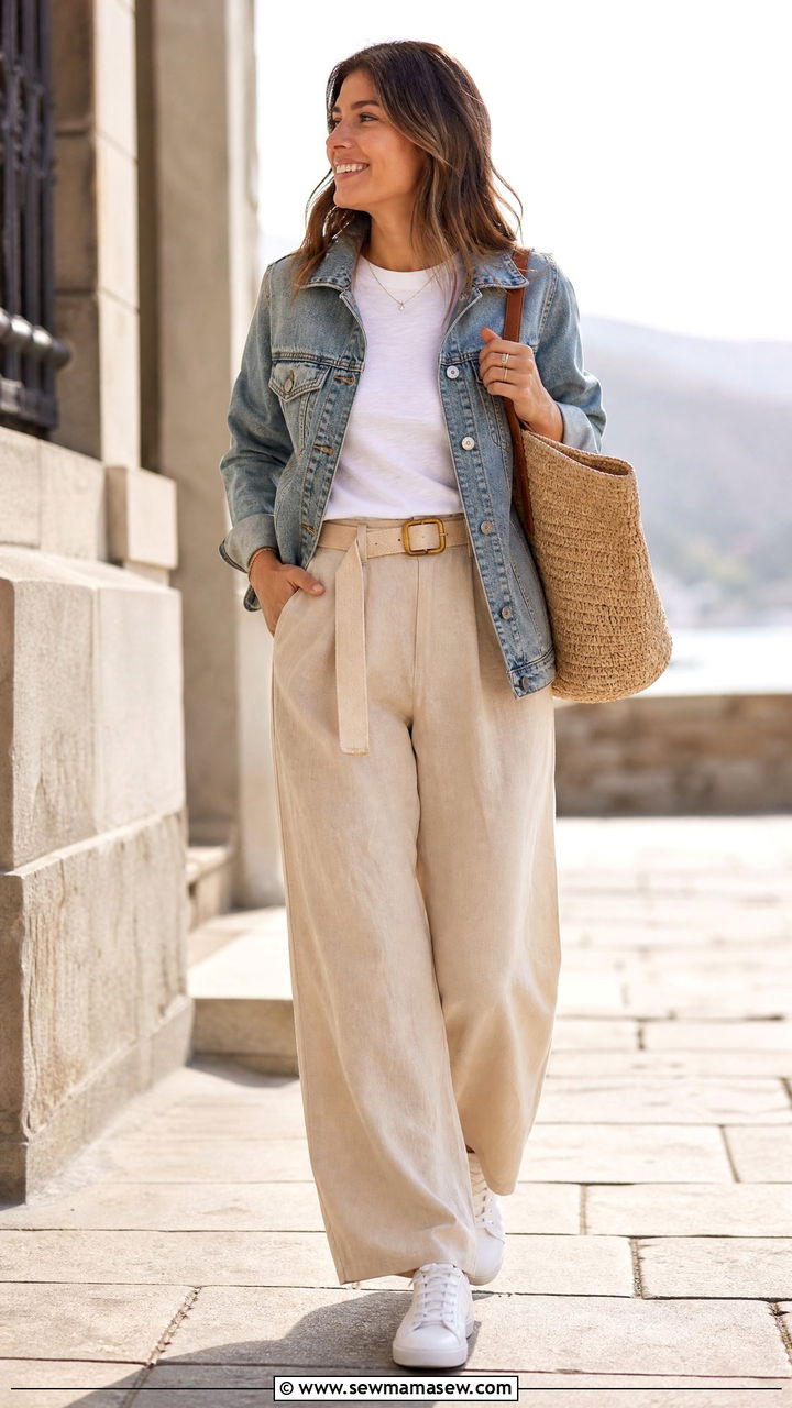 Linen Pants with Denim Jacket - 25 chic linen pants outfit ideas