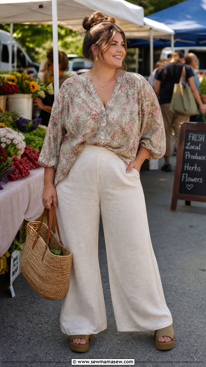 Linen Pants with Floral Print Blouse - 25 Linen pants outfit ideas plus size