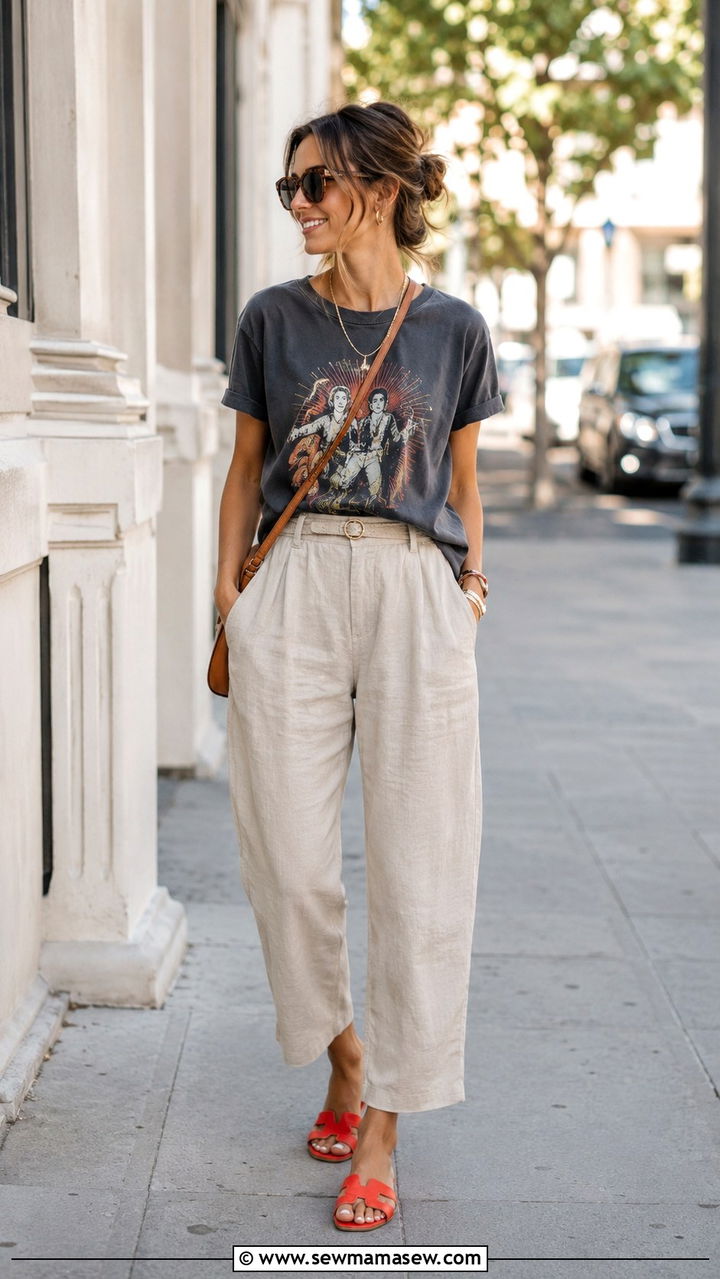 Linen Pants with Graphic Tee and Bright Sandals - 30 Linen pants outfit ideas with sandals
