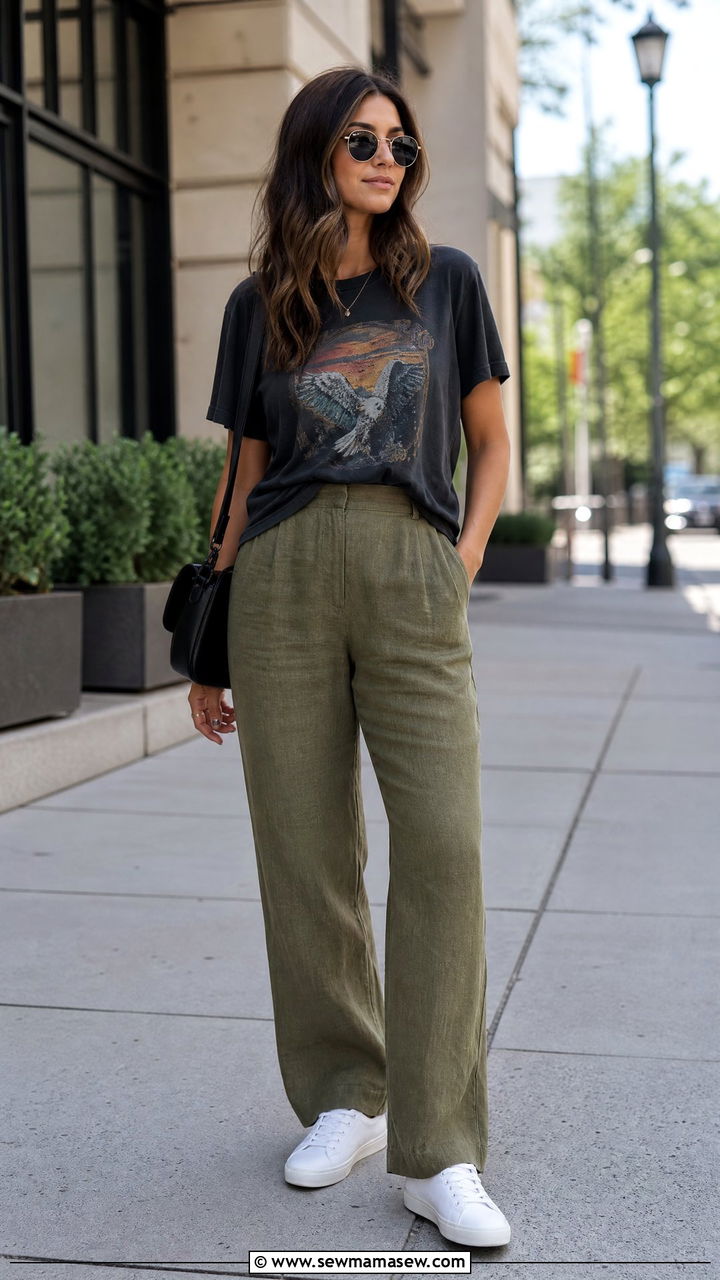 Linen Pants with Graphic Tee - 25 chic linen pants outfit ideas