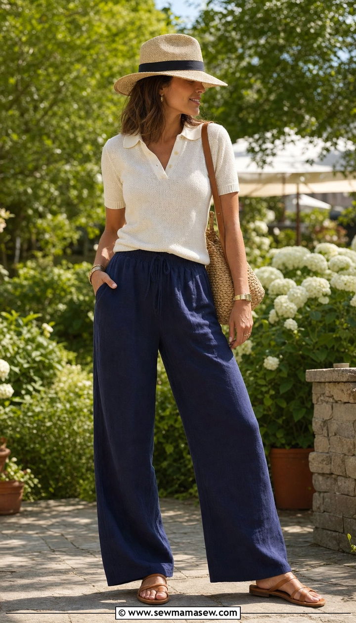 Linen Pants with Knit Polo - 25 summer linen pants outfit ideas