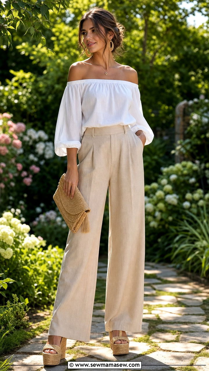 Linen Pants with Off Shoulder Top - 25 summer linen pants outfit ideas