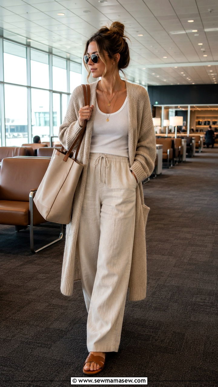 Linen Pants with Oversized Cardigan and Flat Sandals - 30 Linen pants outfit ideas with sandals