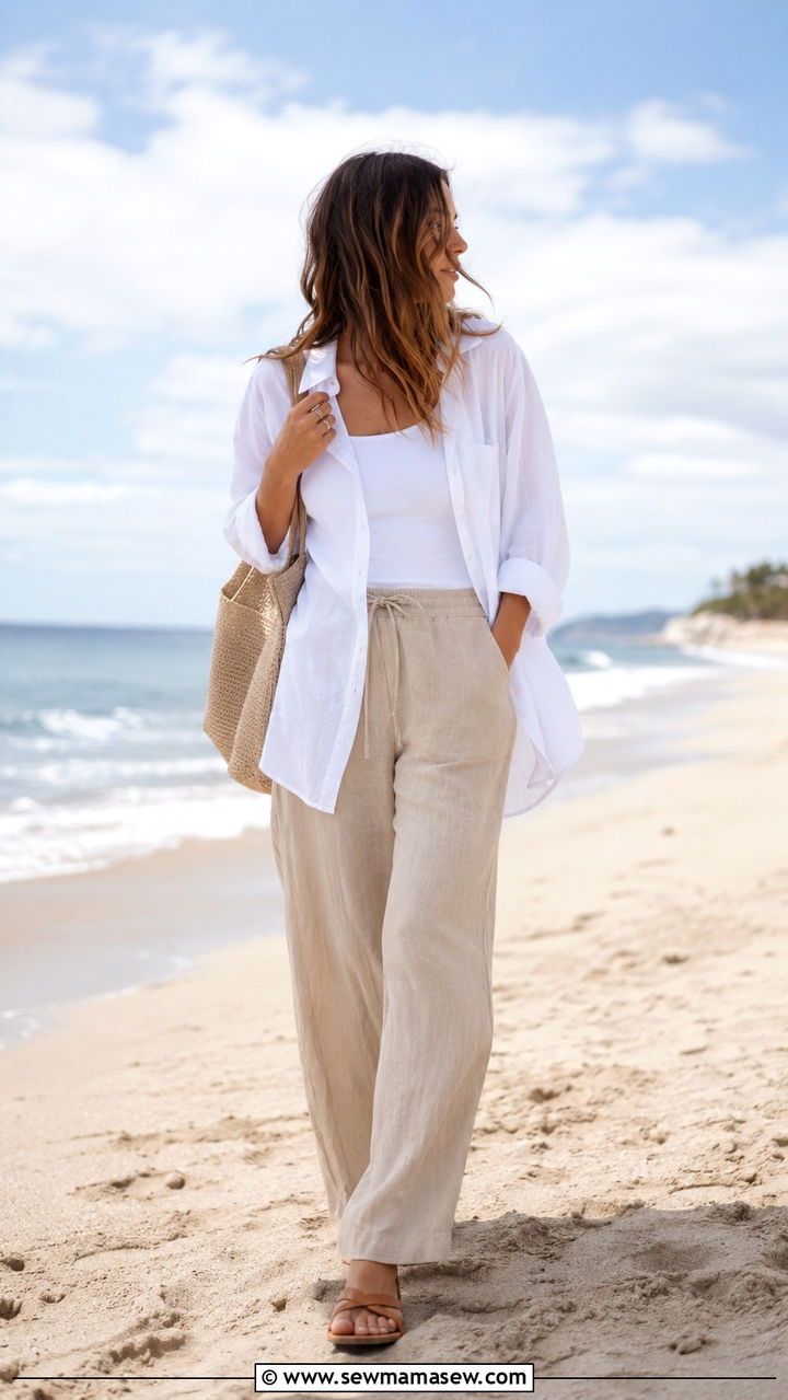 Linen Pants with Oversized Shirt and Flat Sandals - 30 Linen pants outfit ideas with sandals