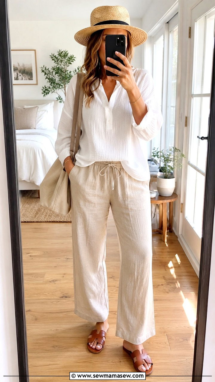 Linen Pants with Popover Top and Slide Sandals - 30 Linen pants outfit ideas with sandals