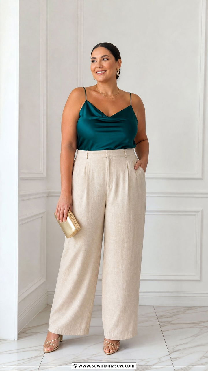 Linen Pants with Silk Camisole and Heels - 25 Linen pants outfit ideas plus size